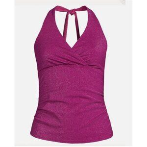 Lands End Chlorine Resistant Halter Tankini Swim Top Shine Magenta Pink Large